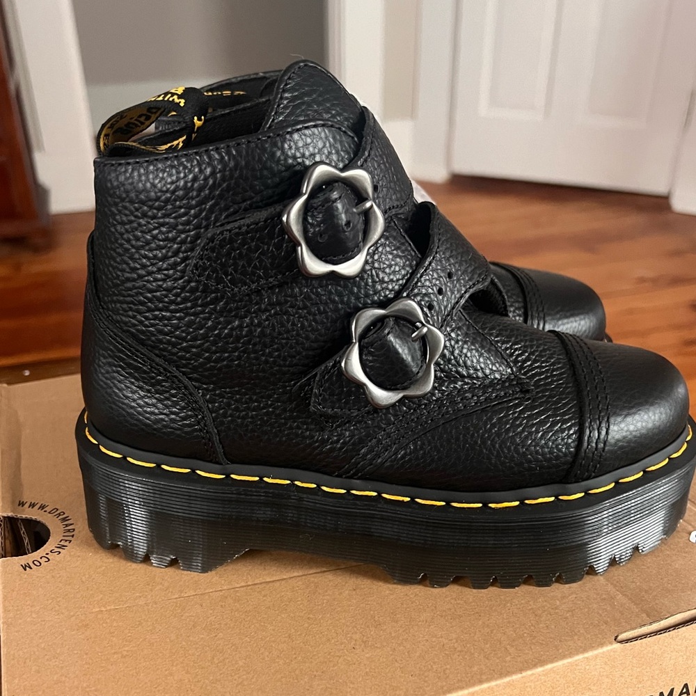Doc Marten Devon Flower Buckle Leather Platform Boots
